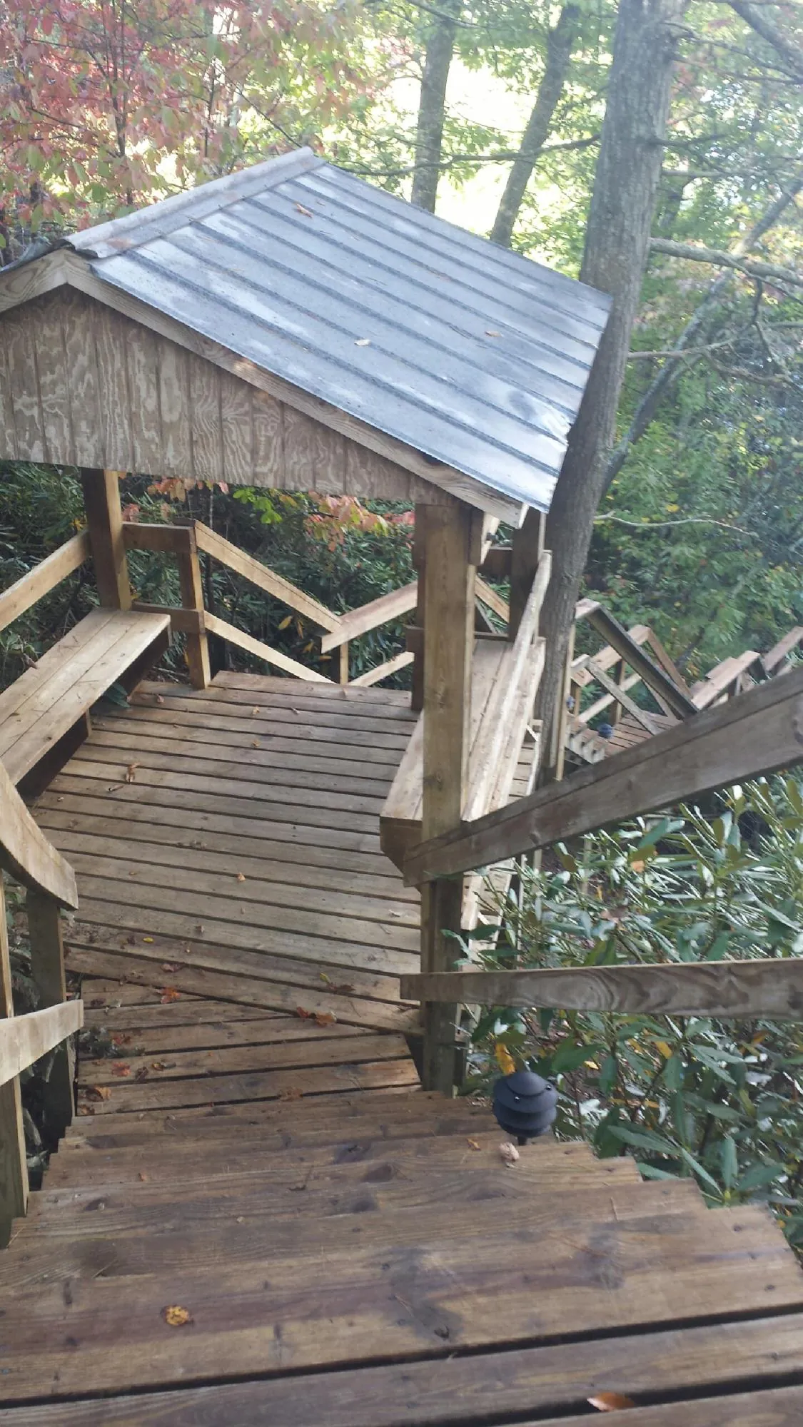 Metal roofed shelter over wooden steps on a wooded walkway — Skylight Repair & Installation work by our crew in Cook Springs